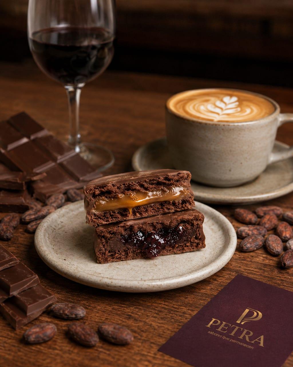 Corte de ambos alfajores PETRA: relleno de dulce de leche y de Malbec al vino tinto, con vino, café y cacao