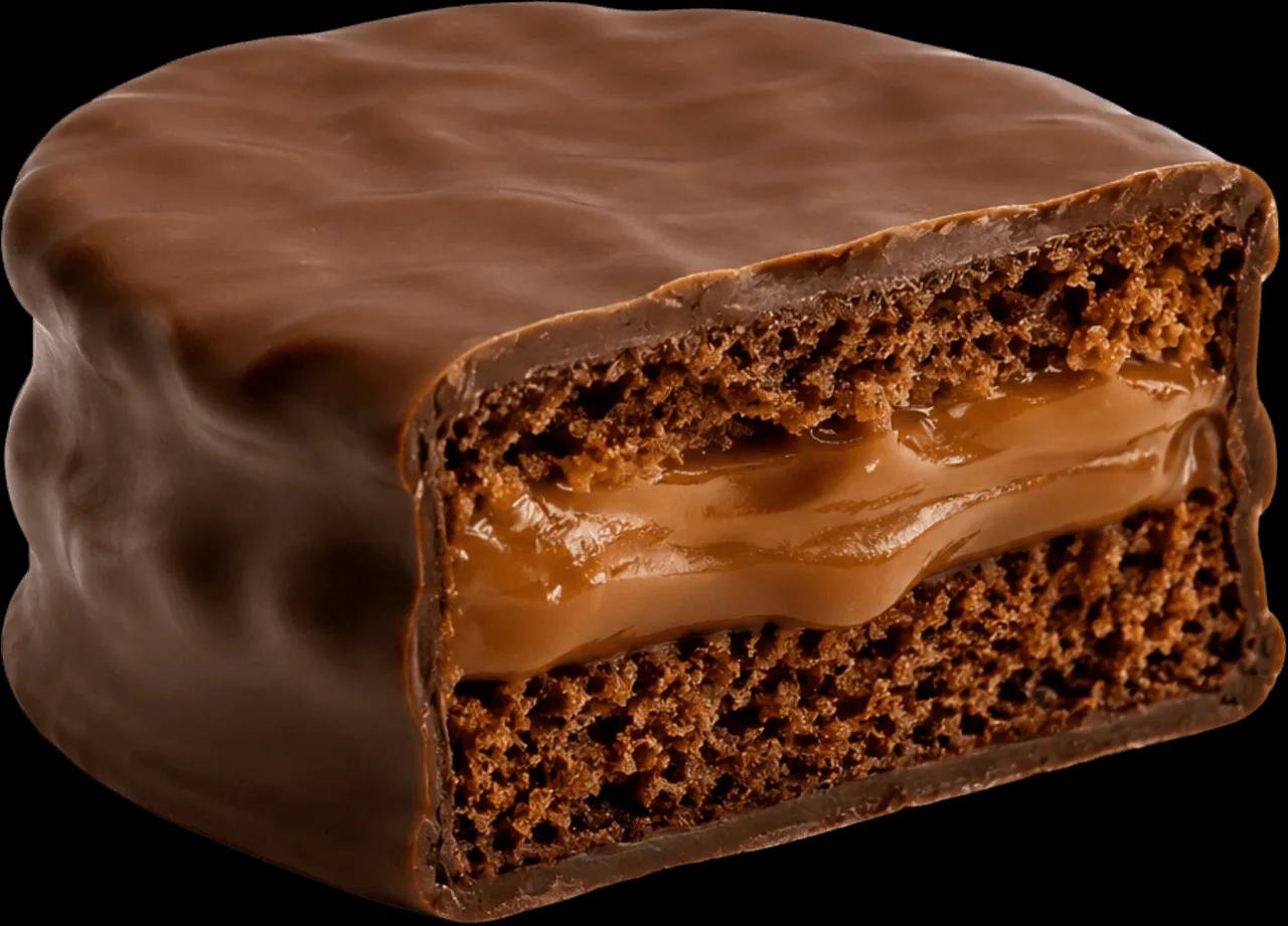Alfajor PETRA Negro — corte con relleno de dulce de leche