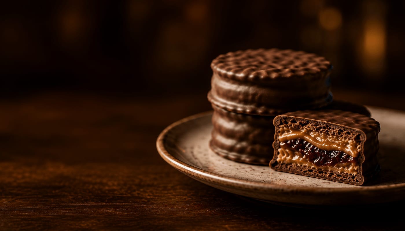 Alfajores PETRA bañados en chocolate, uno partido mostrando el relleno
