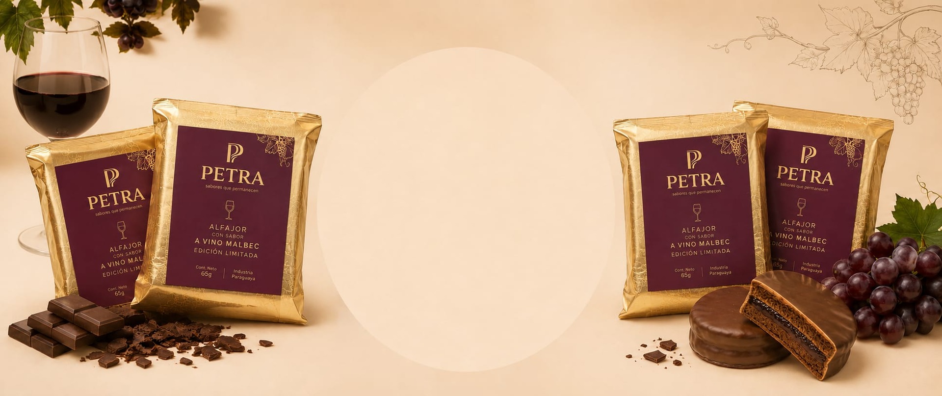 Alfajores PETRA Edición Malbec en packaging dorado, con vino, uvas y chocolate